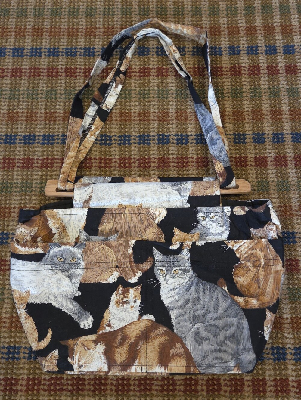 Retro Vintage Cat Kitty Shoulder Hand Bag Wooden Slats Black Brown Grey Purse